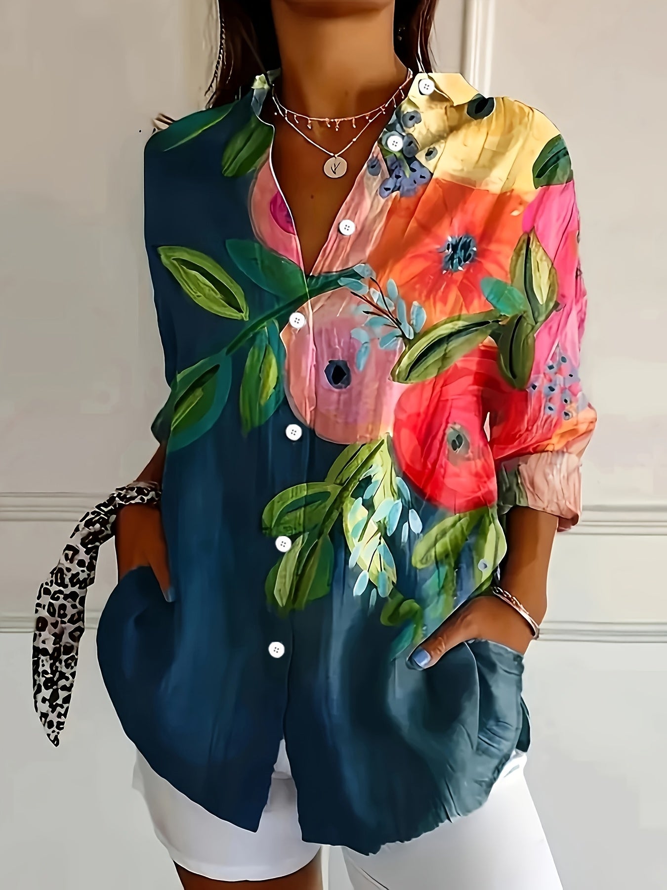 Mother's Day Retro Floral Print Simple Shirt, Casual Button Front Long Sleeve Shirt, Women's